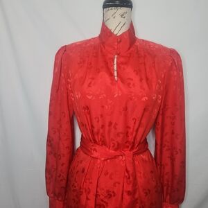 Vintage 70s Caron Red Mandarin Collar Print Dress. Button Closure. Satin. Belt.